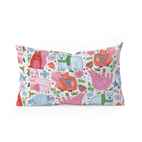 H Miller Ink Illustration Winter Forest Woodland Animals Oblong Throw Pillow