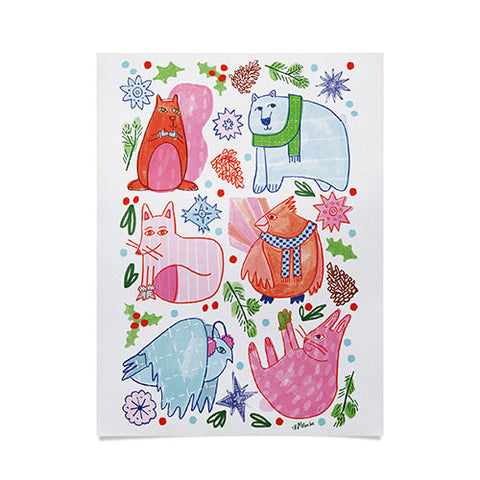 H Miller Ink Illustration Winter Forest Woodland Animals Poster