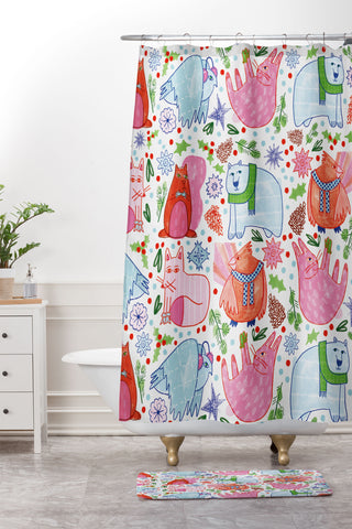 H Miller Ink Illustration Winter Forest Woodland Animals Shower Curtain And Mat