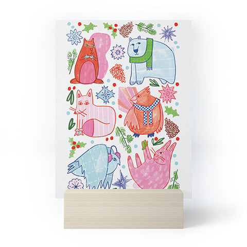 H Miller Ink Illustration Winter Forest Woodland Animals Mini Art Print