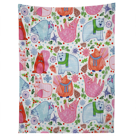 H Miller Ink Illustration Winter Forest Woodland Animals Tapestry