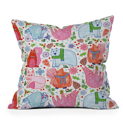 H Miller Ink Illustration Winter Forest Woodland Animals Outdoor Throw Pillow