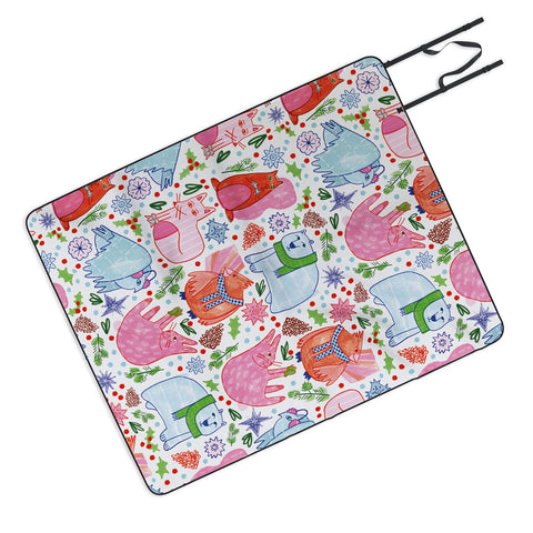 H Miller Ink Illustration Winter Forest Woodland Animals Picnic Blanket