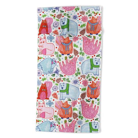H Miller Ink Illustration Winter Forest Woodland Animals Beach Towel