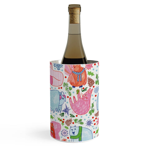 H Miller Ink Illustration Winter Forest Woodland Animals Wine Chiller