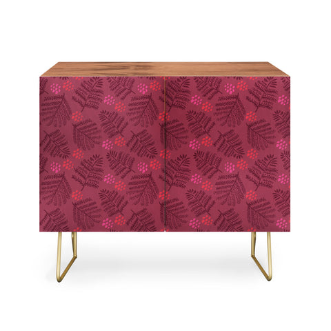 H Miller Ink Illustration Winter Woodsy Pine Trees Red Credenza