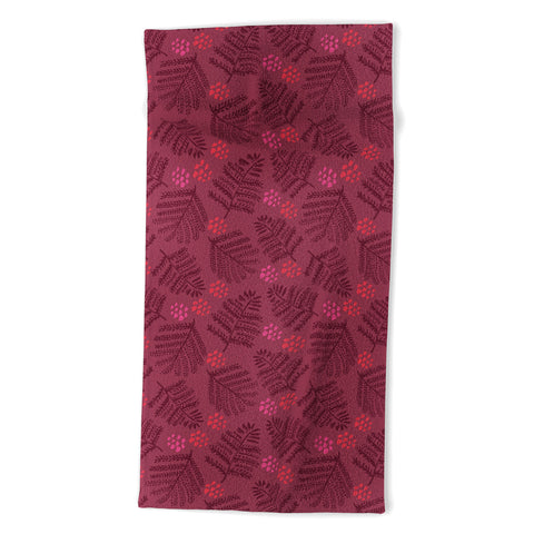 H Miller Ink Illustration Winter Woodsy Pine Trees Red Beach Towel