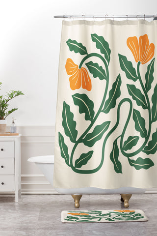 haleyum Midcentury Nasturtium on Vines Shower Curtain And Mat
