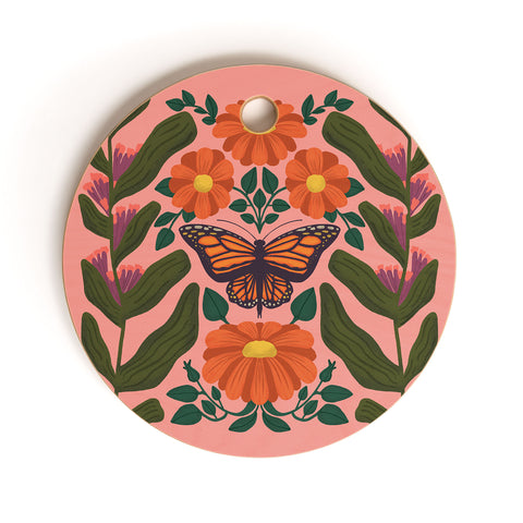 haleyum Monarch Butterfly and Milkweed Cutting Board Round