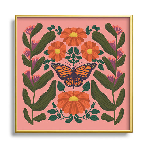 haleyum Monarch Butterfly and Milkweed Square Metal Framed Art Print