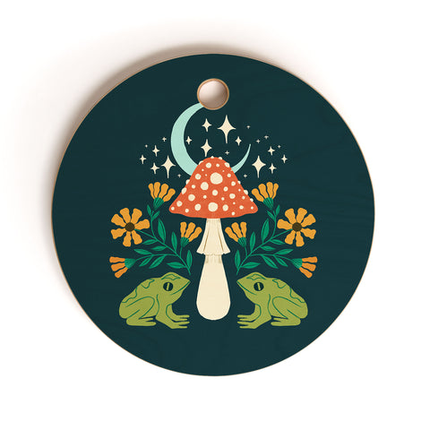 haleyum Moonlight frogs and mushrooms Cutting Board Round