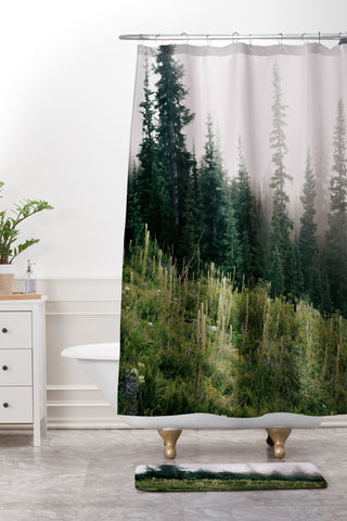 Hannah Kemp Foggy Green Forest Shower Curtain And Mat