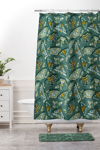 Heather Dutton Gathering Moths Green Shower Curtain And Mat