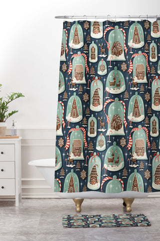 Heather Dutton Gingerbread Village Blue Shower Curtain And Mat