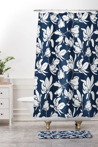 Heather Dutton Magnolia Garden Navy Shower Curtain And Mat