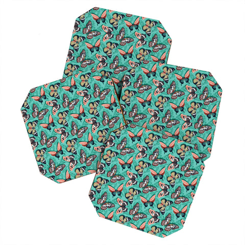 Heather Dutton Mariposa Boho Butterflies Aqua Coaster Set