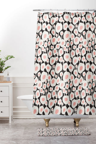 Heather Dutton Poppy Dot Retro Floral Black Shower Curtain And Mat