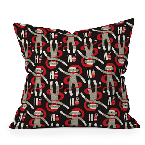 Heather Dutton Sock Monkey Santa Black Outdoor Throw Pillow