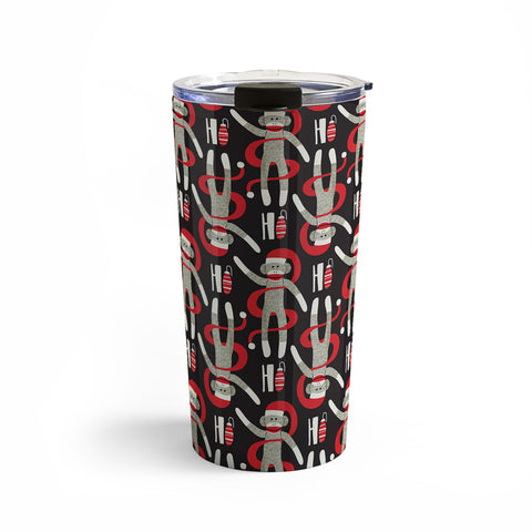 Heather Dutton Sock Monkey Santa Black Travel Mug