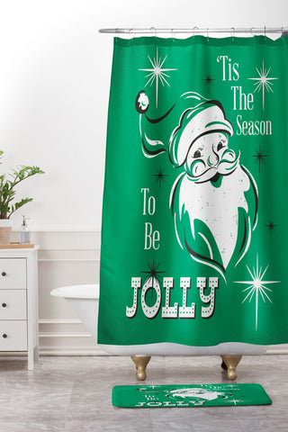 Heather Dutton Tis The Season Retro Santa Green Shower Curtain And Mat
