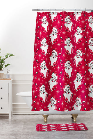 Heather Dutton Tis The Season Retro Santa Red Shower Curtain And Mat
