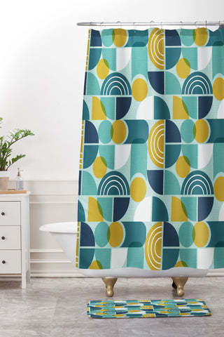 Heather Dutton Trailway Aqua Goldenrod Shower Curtain And Mat