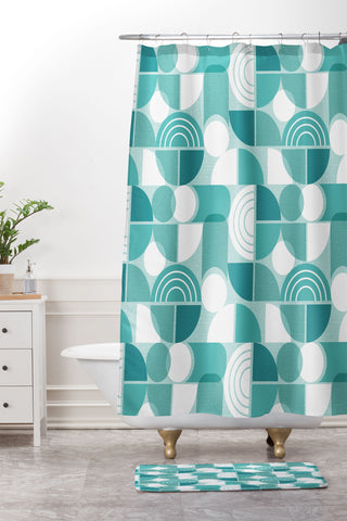 Heather Dutton Trailway Aqua White Shower Curtain And Mat