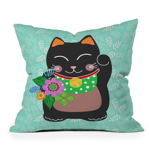 Hello Sayang Lucky Black Cat Outdoor Throw Pillow