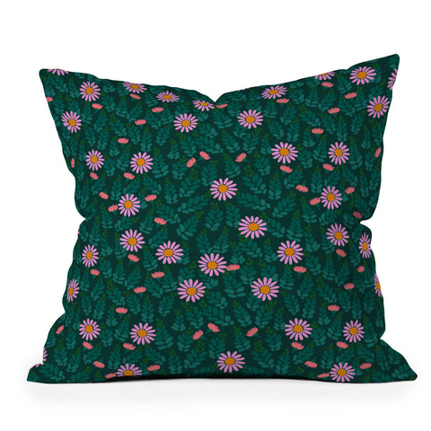 Hello Sayang Wild Daisies Forest Green Outdoor Throw Pillow