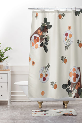 Hello Twiggs Peaches and Flowers Shower Curtain And Mat