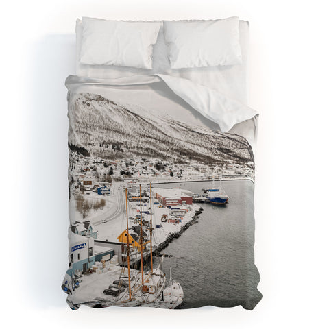 Henrike Schenk - Travel Photography Harbor In Norway Snow Photo Winter In Norway Boats And Mountains Duvet Cover