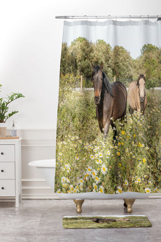 Henrike Schenk - Travel Photography Horses in a Field of Wildflowers Shower Curtain And Mat