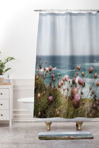 Henrike Schenk - Travel Photography Pink Flowers by the Ocean Shower Curtain And Mat