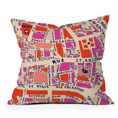 Holli Zollinger Paris Map Pink Outdoor Throw Pillow