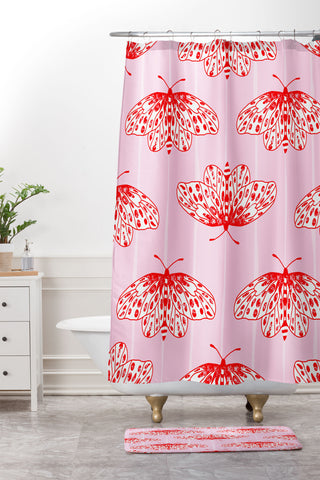 Insvy Design Studio Butterfly Pink Red Shower Curtain And Mat