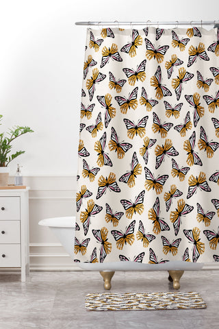 Insvy Design Studio ButterflyPink Yellow Shower Curtain And Mat