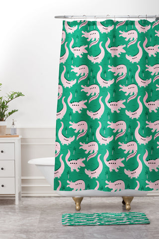 Insvy Design Studio Crocodile Pink Green Shower Curtain And Mat