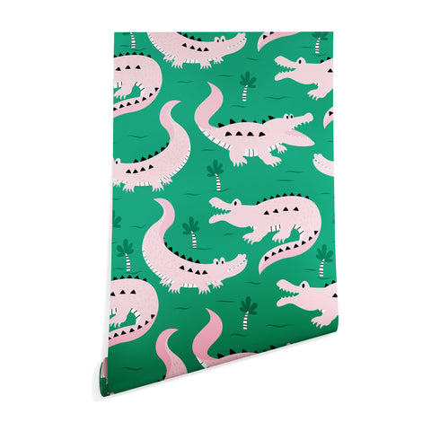 Insvy Design Studio Crocodile Pink Green Wallpaper