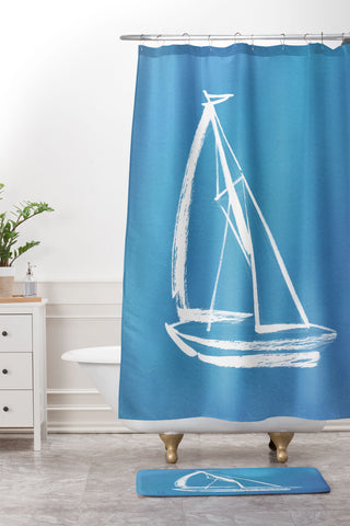Intemporalis Sailboat Drawing Blue Shower Curtain And Mat