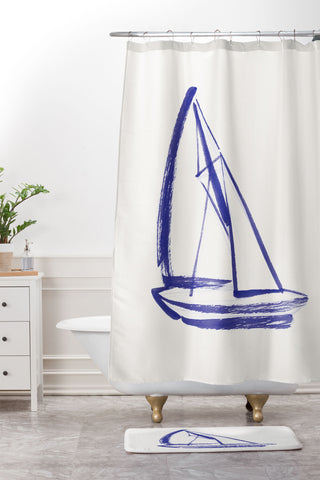 Intemporalis Sailboat Drawing Blue White Shower Curtain And Mat