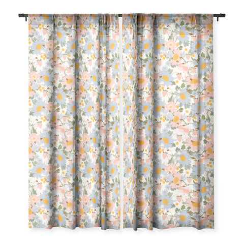 Iveta Abolina Blue Daisy Garden Cream Sheer Window Curtain