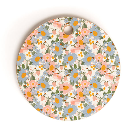 Iveta Abolina Blue Daisy Garden Cream Cutting Board Round