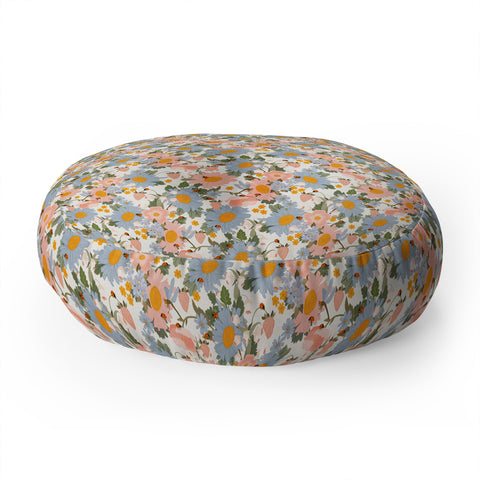Iveta Abolina Blue Daisy Garden Cream Floor Pillow Round