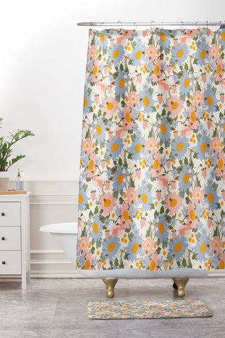 Iveta Abolina Blue Daisy Garden Cream Shower Curtain And Mat