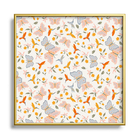 Iveta Abolina Butterflies and Colibri Cream Square Metal Framed Art Print