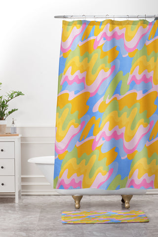 Iveta Abolina Eclectic Waves Azure Blue Shower Curtain And Mat