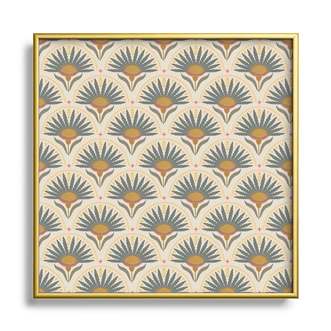 Iveta Abolina Fan Florals Teal Yellow Square Metal Framed Art Print