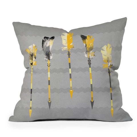 Iveta Abolina Gray Yellow Feathers Outdoor Throw Pillow