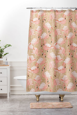 Iveta Abolina Pink Flamingos Camel Shower Curtain And Mat