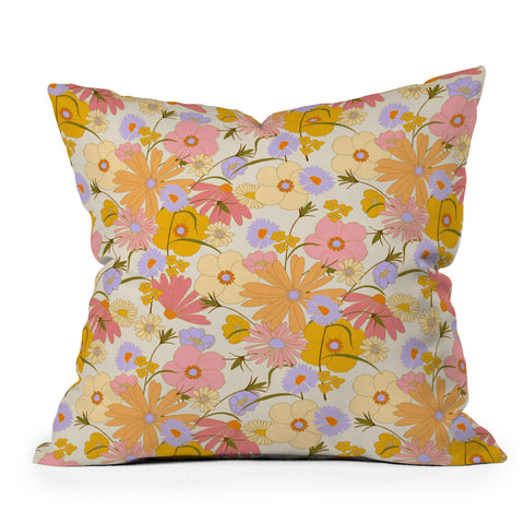 Iveta Abolina Purple Daisies 70s Cream Outdoor Throw Pillow